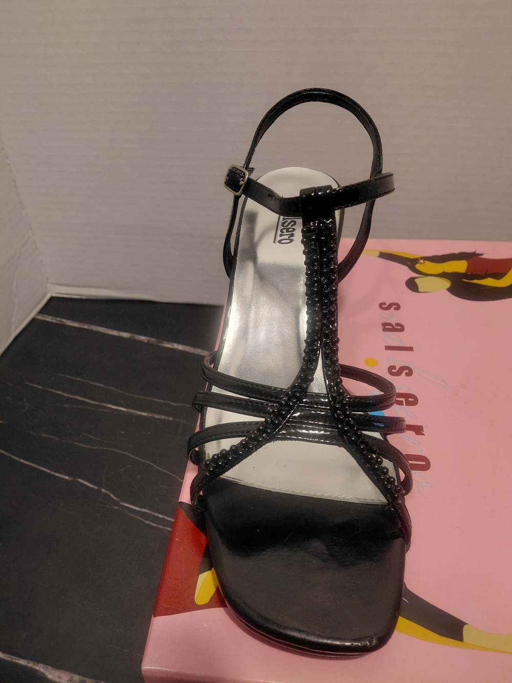 Sleek Black Beaded T-Strap Heeled Sandals - Picture 3 of 6